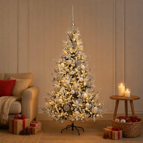 Kunstigt juletræ med kugler og 150 LED - 150 cm, grøn/hvid