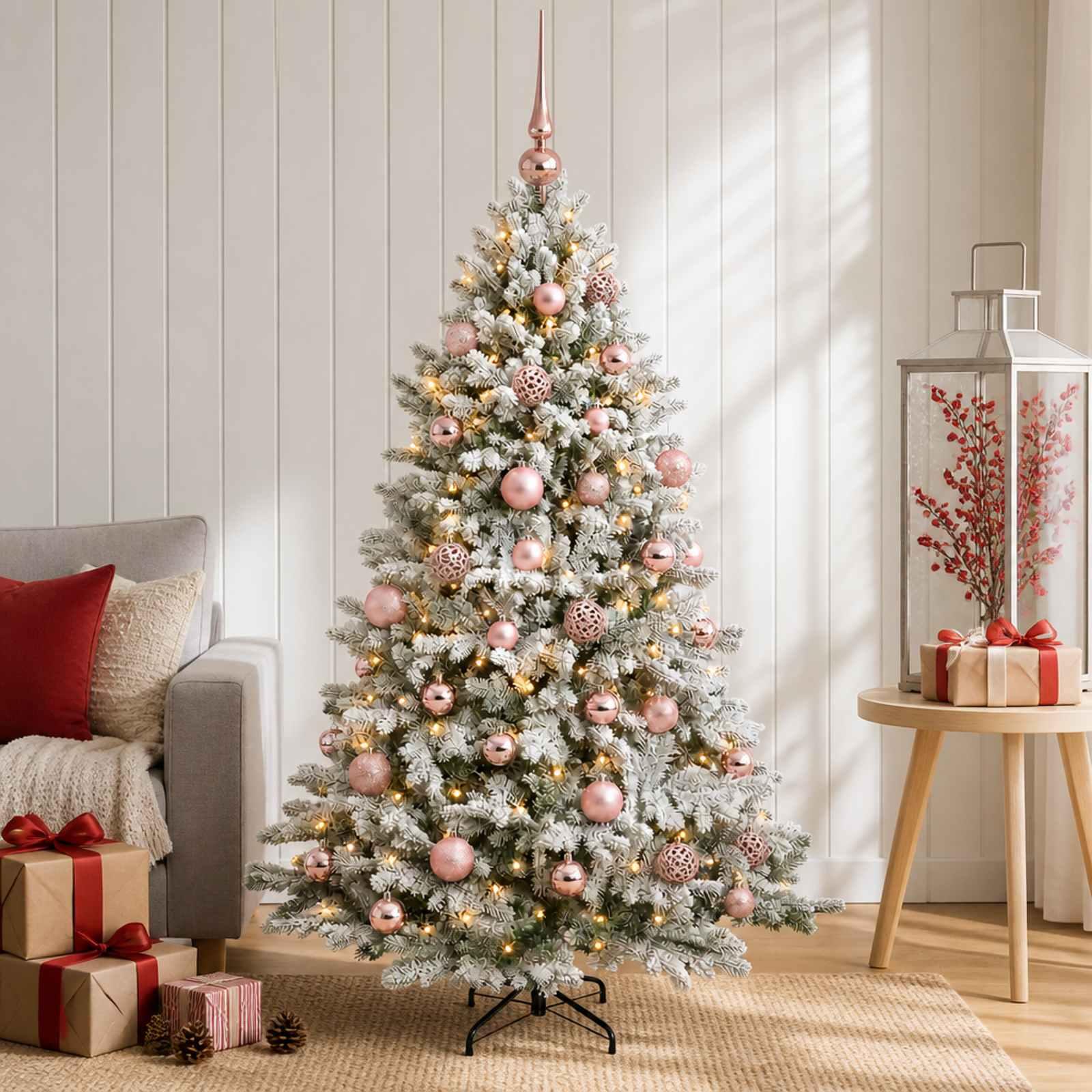 Kunstigt juletræ med julekugler og LED 150 cm - varm hvid