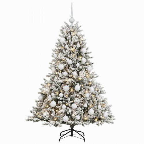 Kunstigt juletræ med julekugler og LED-lyskæde 150 cm - grøn/hvid