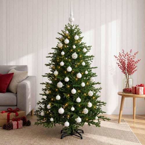 Kunstigt juletræ med LED og julekugler - 150 cm