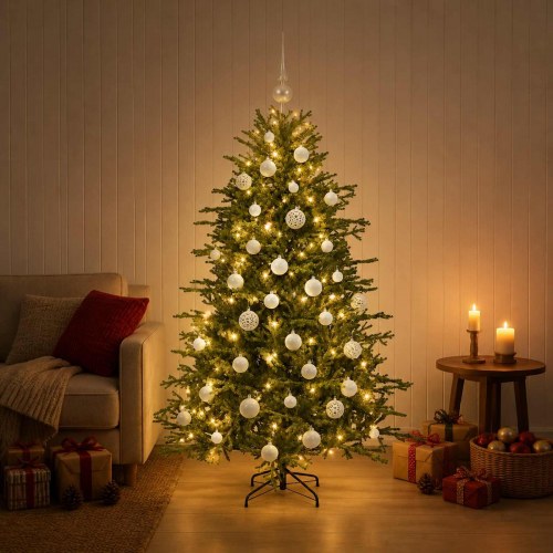 Kunstigt juletræ med LED og julekugler - 150 cm
