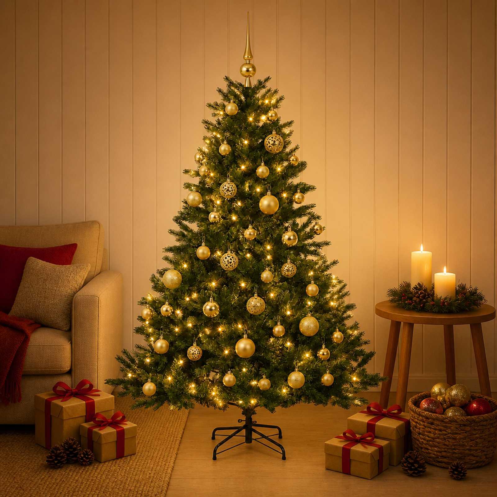 Kunstigt juletræ med LED-lyskæde og julekugler - 150 cm