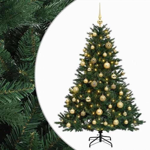 Kunstigt juletræ med LED-lyskæde og julekugler - 150 cm
