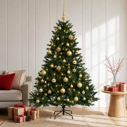 Kunstigt juletræ med LED-lyskæde og julekugler - 150 cm