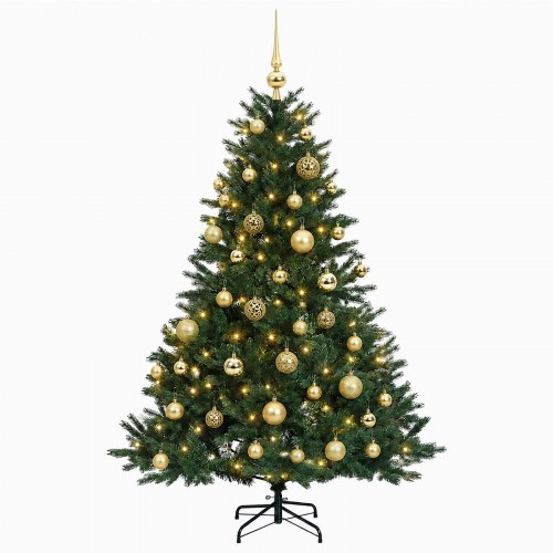 Kunstigt juletræ med LED-lyskæde og julekugler - 150 cm