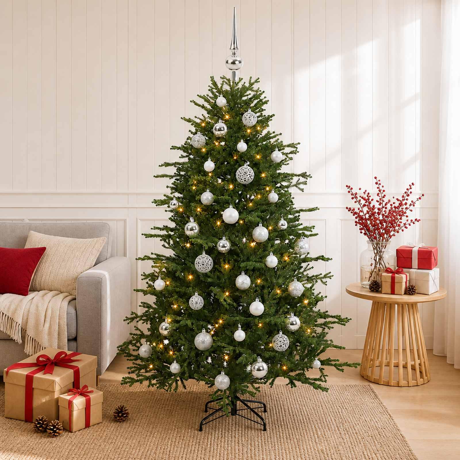 Kunstigt juletræ med kugler og LED-lys 120 cm - varm hvid