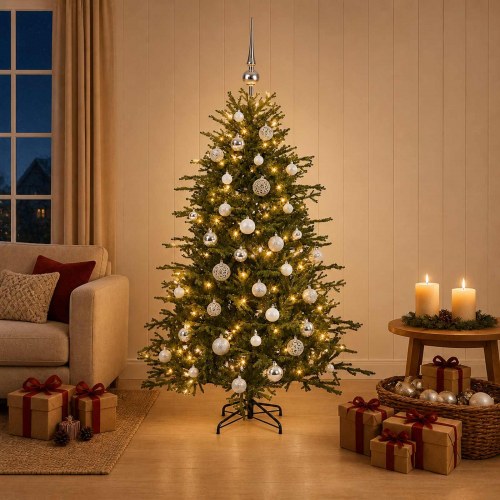 Kunstigt juletræ med kugler og LED-lys 120 cm - varm hvid