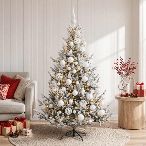 Kunstigt juletræ med kugler og LED - 120 cm, grøn/hvid
