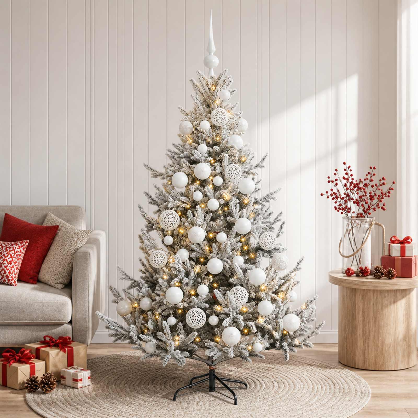 Kunstigt juletræ med kugler og LED - 120 cm, grøn/hvid