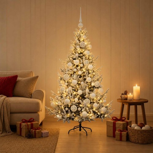 Kunstigt juletræ med kugler og LED - 120 cm, grøn/hvid
