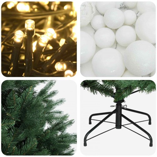 Kunstigt juletræ med LED-lys og julekugler - 180 cm, varm hvid