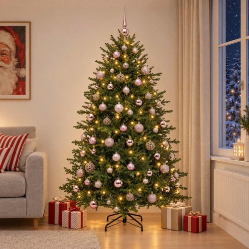 Kunstigt juletræ med kugler og 300 LED - 180 cm, varm hvid