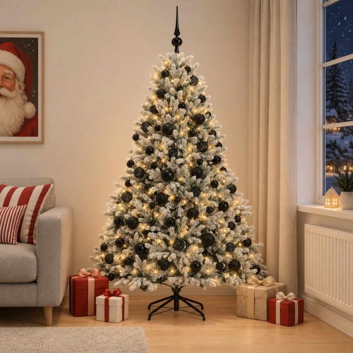 Kunstigt juletræ med julekugler og LED-lys 210 cm - varm hvid
