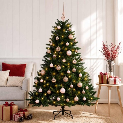 Kunstigt juletræ med julekugler 150 cm - 150 LED, varm hvid