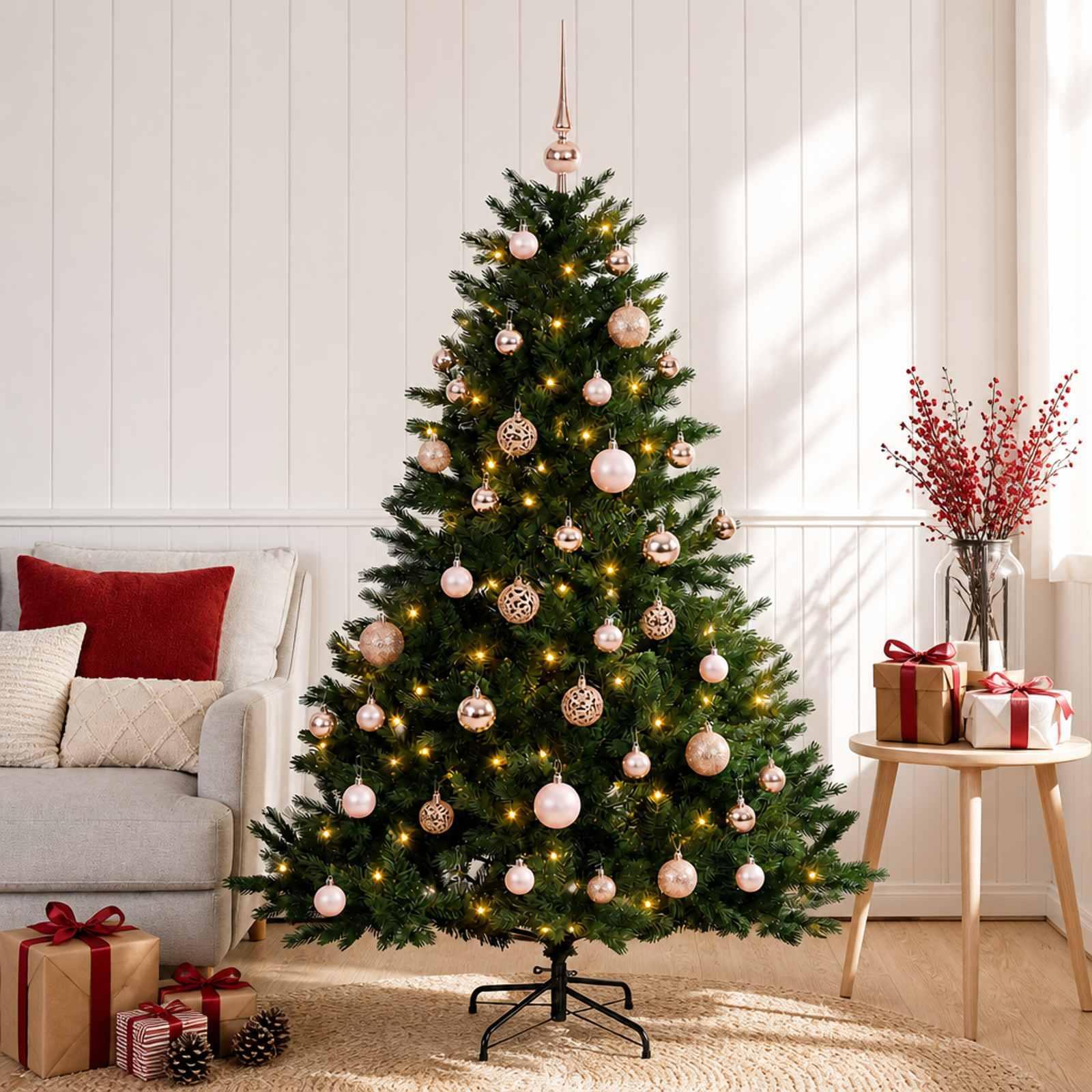 Kunstigt juletræ med julekugler 150 cm - 150 LED, varm hvid