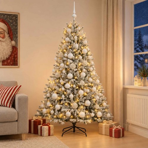 Kunstigt juletræ med kugler og LED-lys - 210 cm