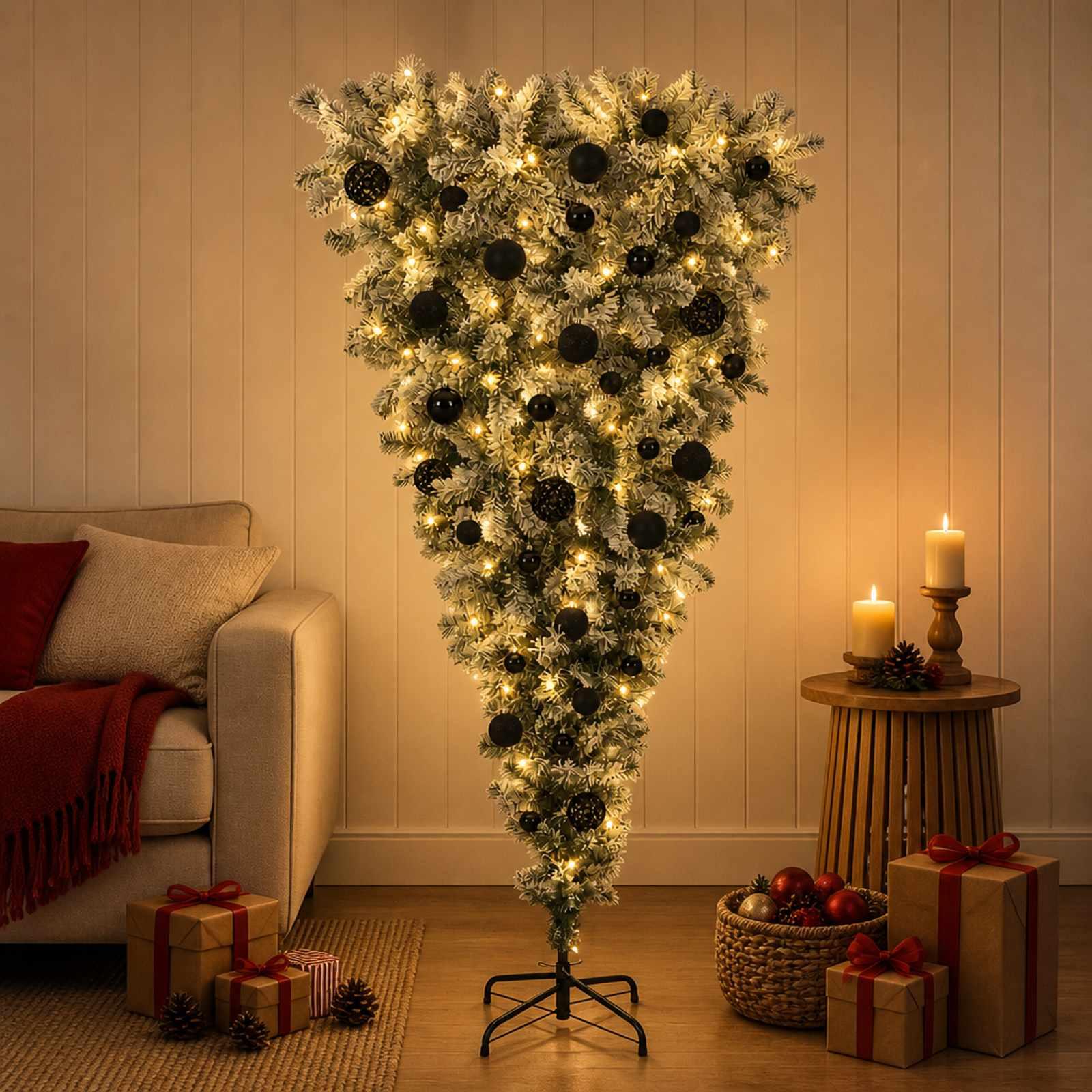 Omvendt kunstigt juletræ 150 cm med 150 LED - varm hvid