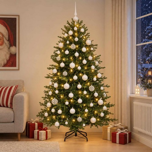 Kunstigt juletræ med LED-lys og julekugler 180 cm - varm hvid