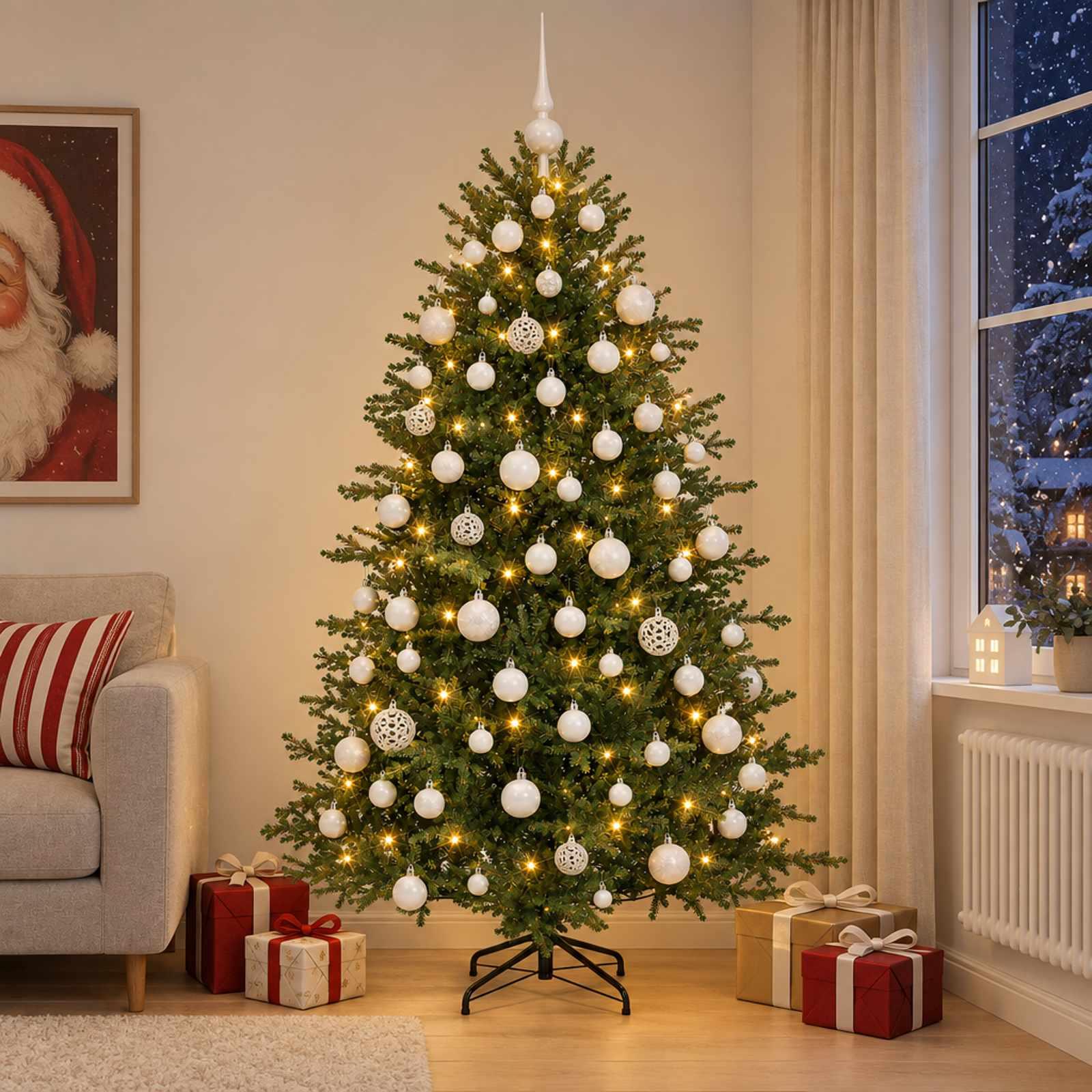 Kunstigt juletræ med LED-lys og julekugler 180 cm - varm hvid