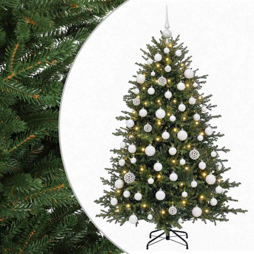 Kunstigt juletræ med LED-lys og julekugler 180 cm - varm hvid