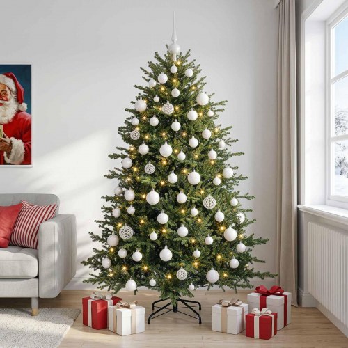 Kunstigt juletræ med LED-lys og julekugler 180 cm - varm hvid