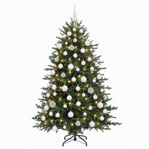 Kunstigt juletræ med LED-lys og julekugler 180 cm - varm hvid