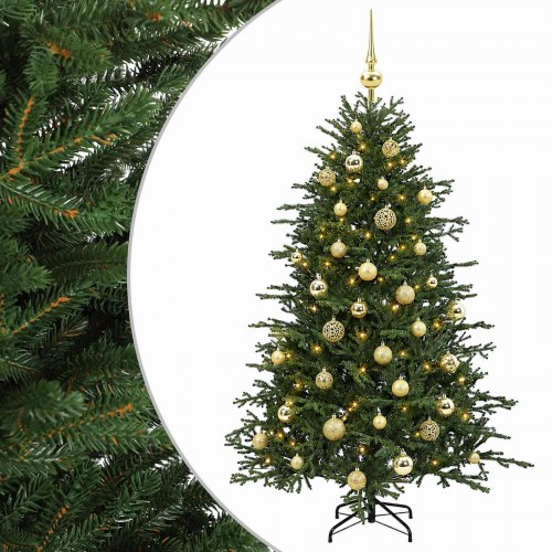 Kunstigt juletræ med julekugler og LED-lys 120 cm - varm hvid