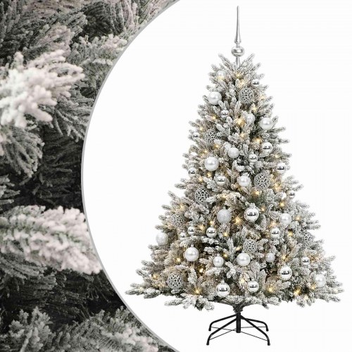 Kunstigt juletræ med kugler og LED-lys 150 cm - grøn/hvid