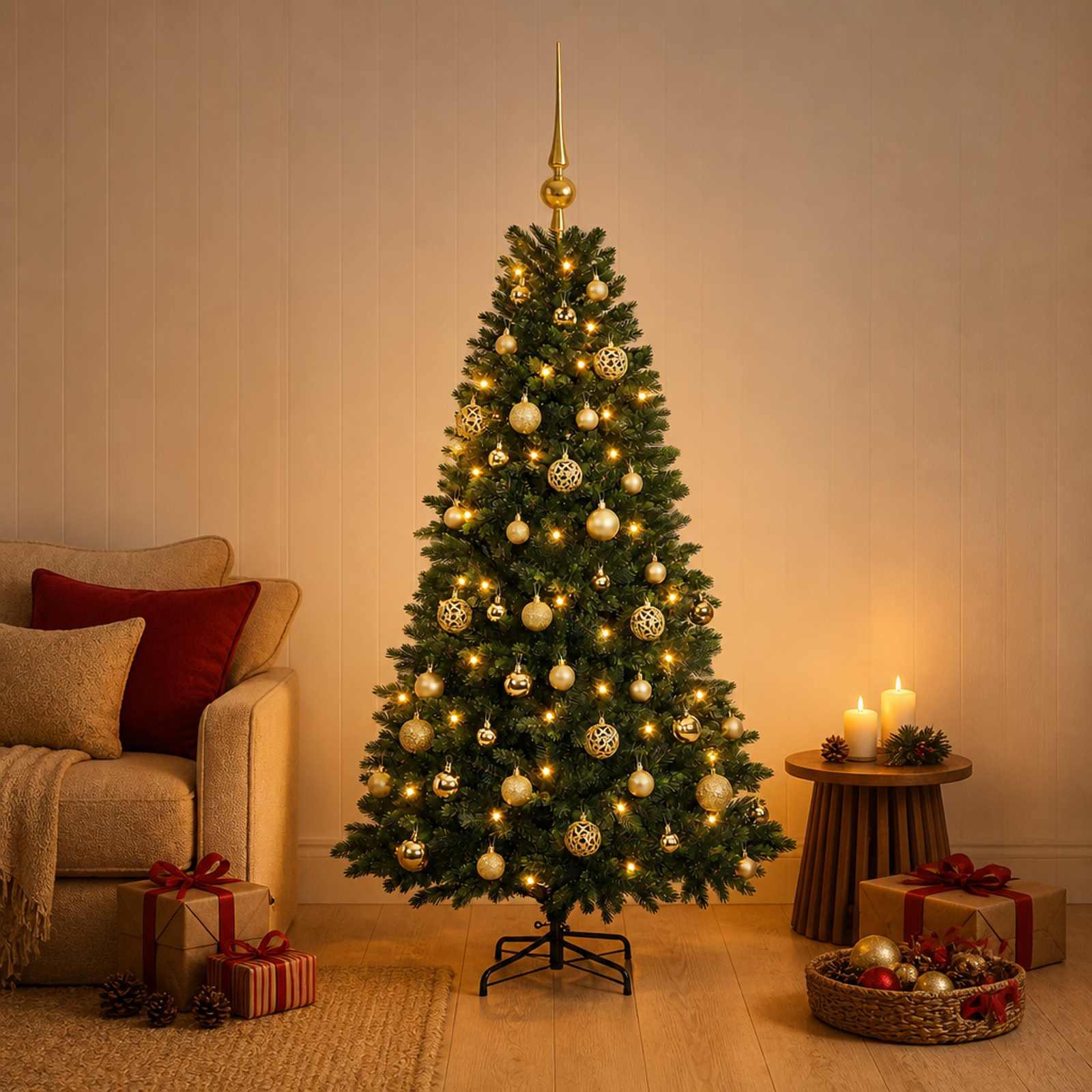 Kunstigt juletræ med kugler og 150 LED - 150 cm, varm hvid