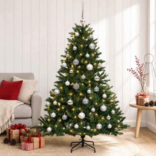 Kunstigt juletræ med julekugler og 150 LED'er 120 cm - varm hvid