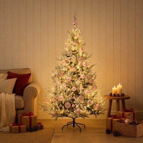 Kunstigt juletræ med LED-lys og julekugler 150 cm - grøn/hvid