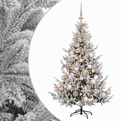 Kunstigt juletræ med LED-lys og julekugler 150 cm - grøn/hvid