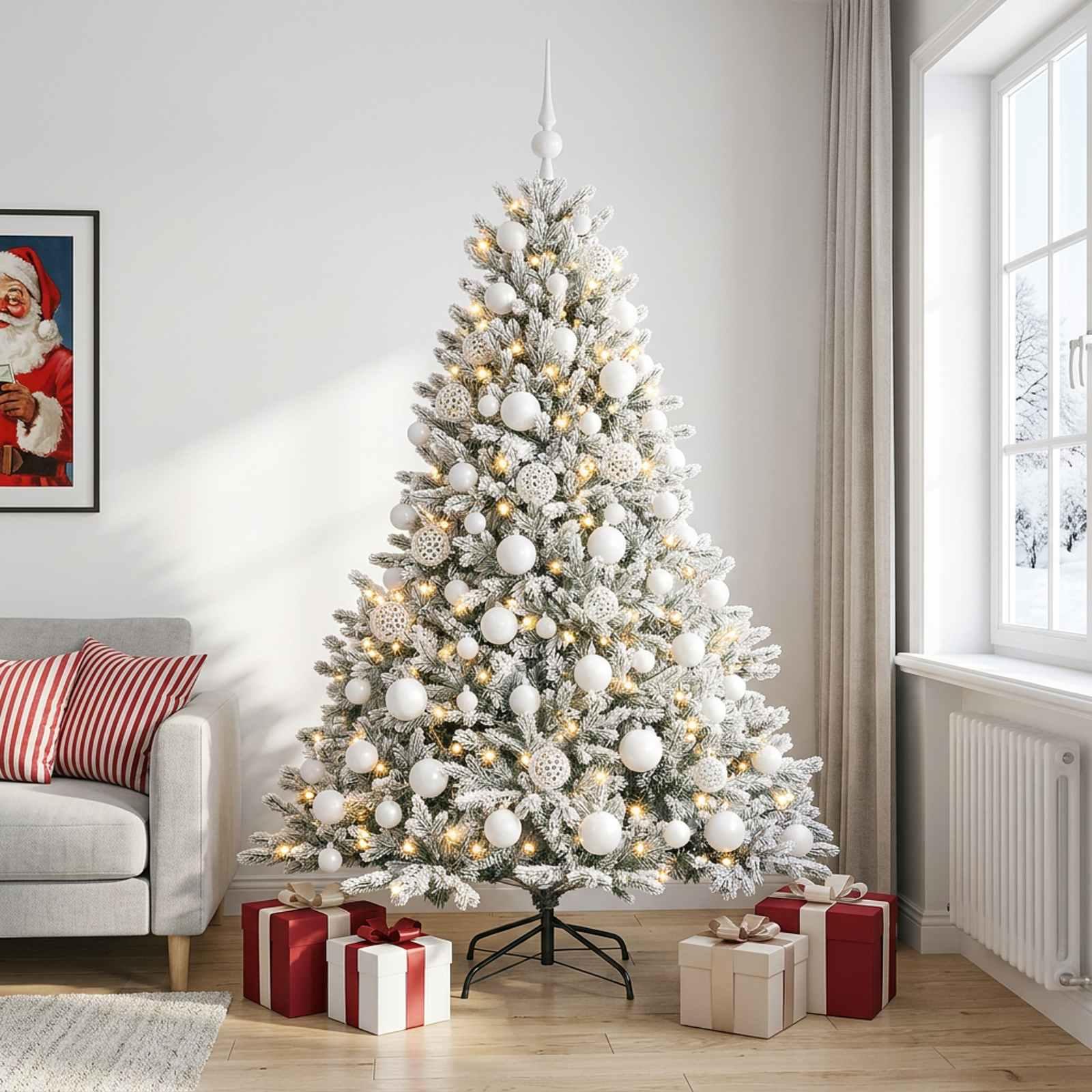 Kunstigt juletræ med julekugler og 300 LED - 180 cm