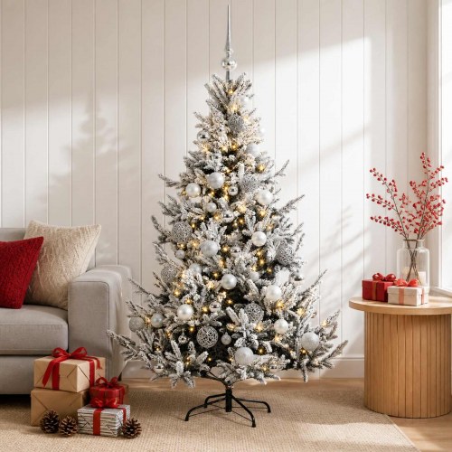 Kunstigt juletræ med kugler og LED-lys 120 cm - varm hvid