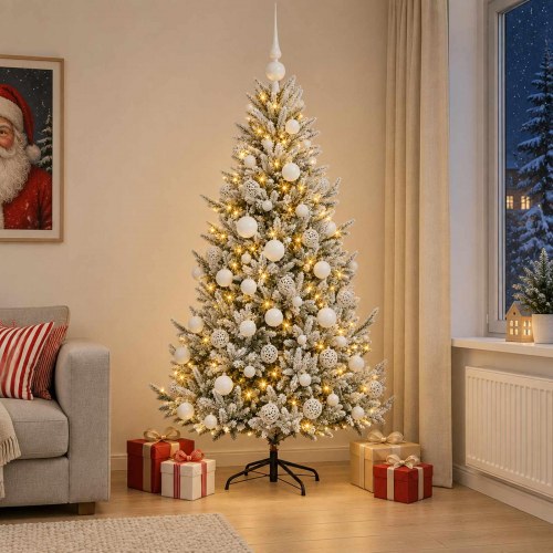 Kunstigt juletræ med julekugler og 300 LED'er - 210 cm