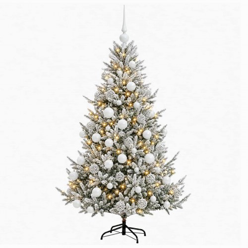 Kunstigt juletræ med julekugler og 300 LED'er - 210 cm