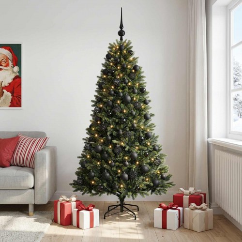 Kunstigt juletræ med kugler og 300 LED'er - 180 cm, varm hvid