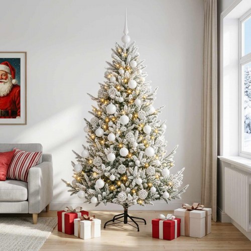 Kunstigt juletræ med julekugler og LED - 180 cm, varm hvid