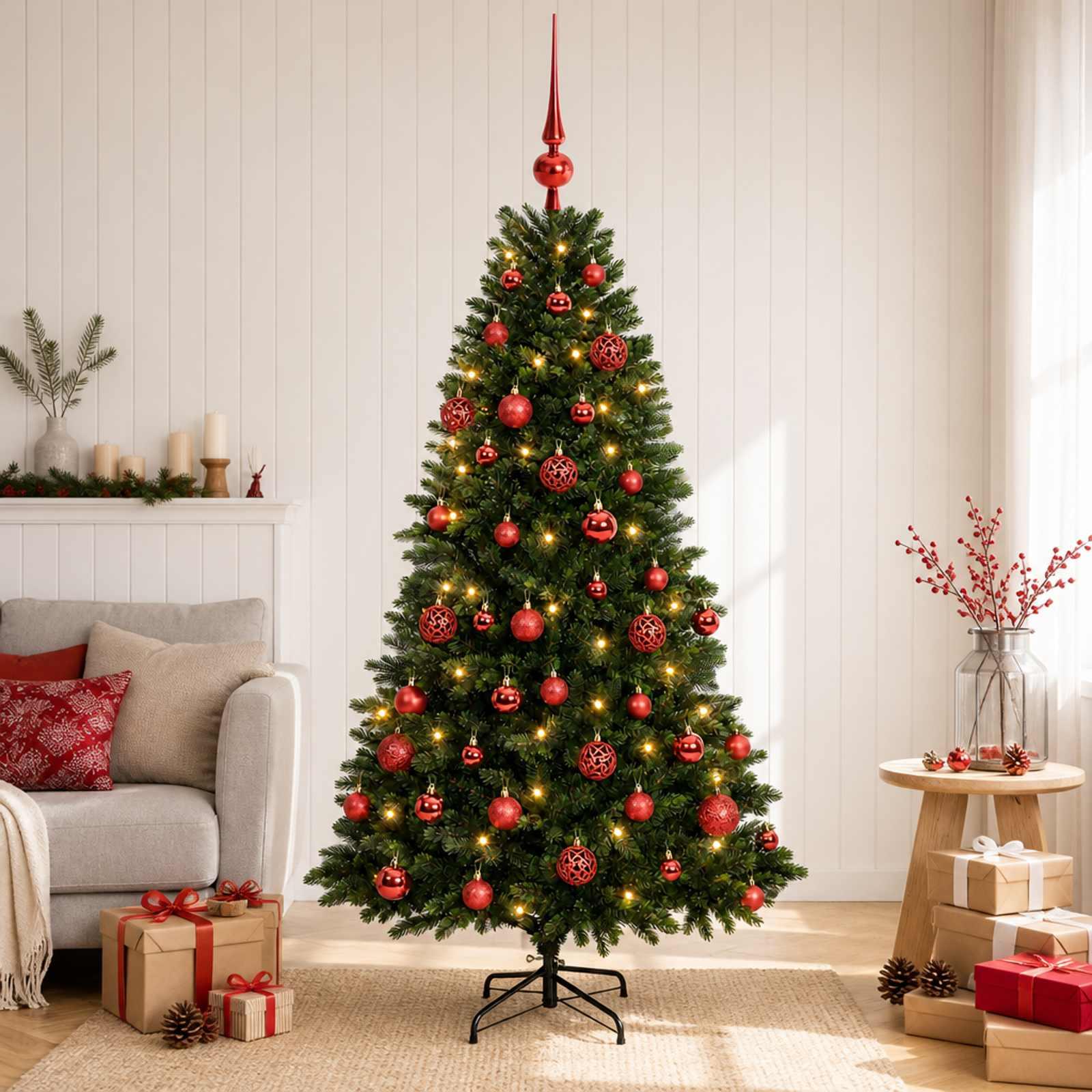 Kunstigt juletræ med kugler og LED-lys 150 cm - varm hvid