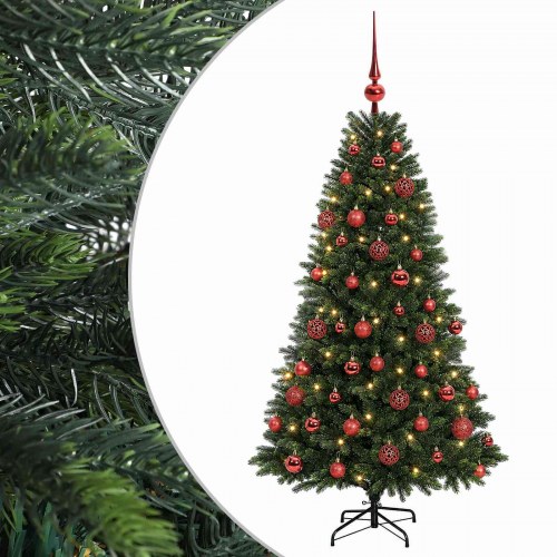 Kunstigt juletræ med kugler og LED-lys 150 cm - varm hvid