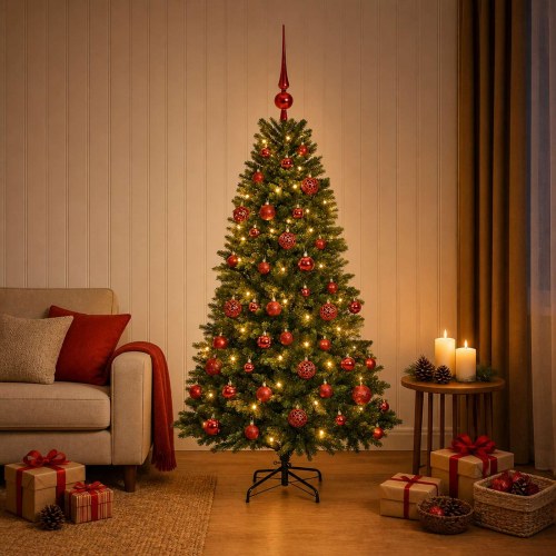 Kunstigt juletræ med kugler og LED-lys 150 cm - varm hvid