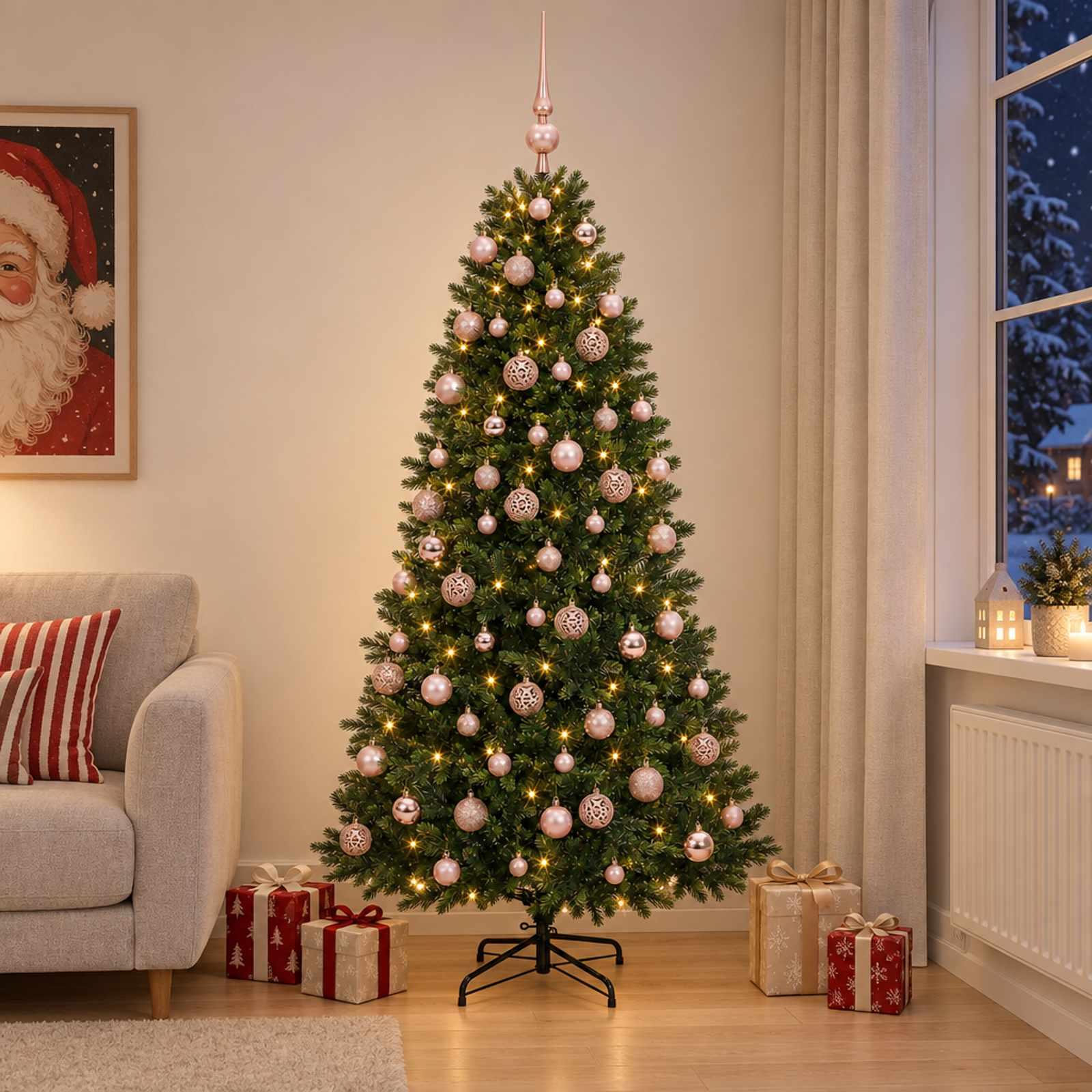 Kunstigt juletræ med kugler og 300 LED'er varm hvid - 210 cm