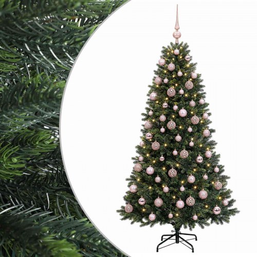 Kunstigt juletræ med kugler og 300 LED'er varm hvid - 210 cm