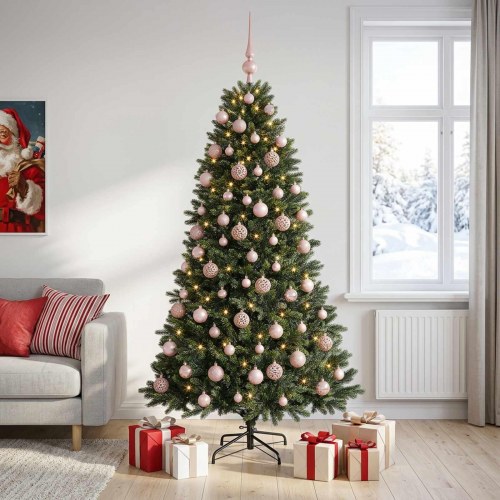 Kunstigt juletræ med kugler og 300 LED'er varm hvid - 210 cm