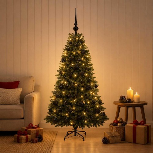 Kunstigt juletræ med kugler og 150 LED'er - 150 cm