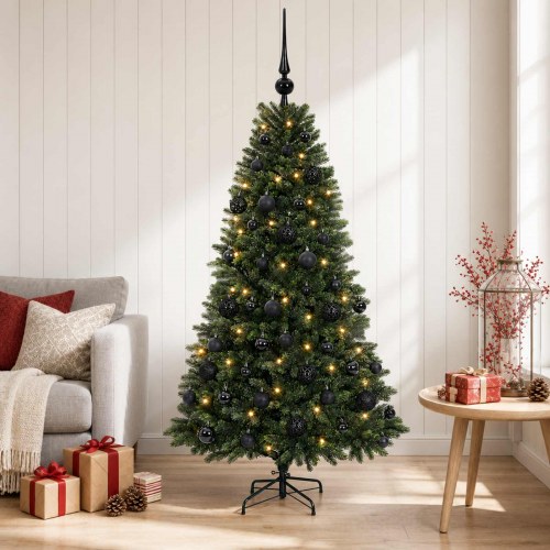 Kunstigt juletræ med kugler og 150 LED'er - 150 cm