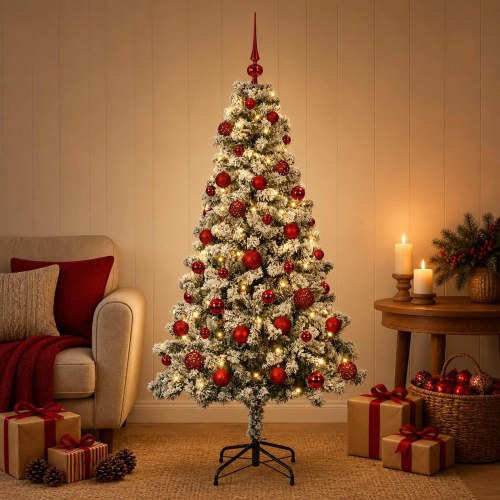 Kunstigt juletræ med kugler og LED-lys 120 cm - varm hvid