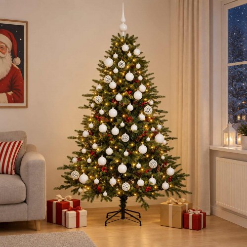 Kunstigt juletræ med julekugler og LED - 210 cm