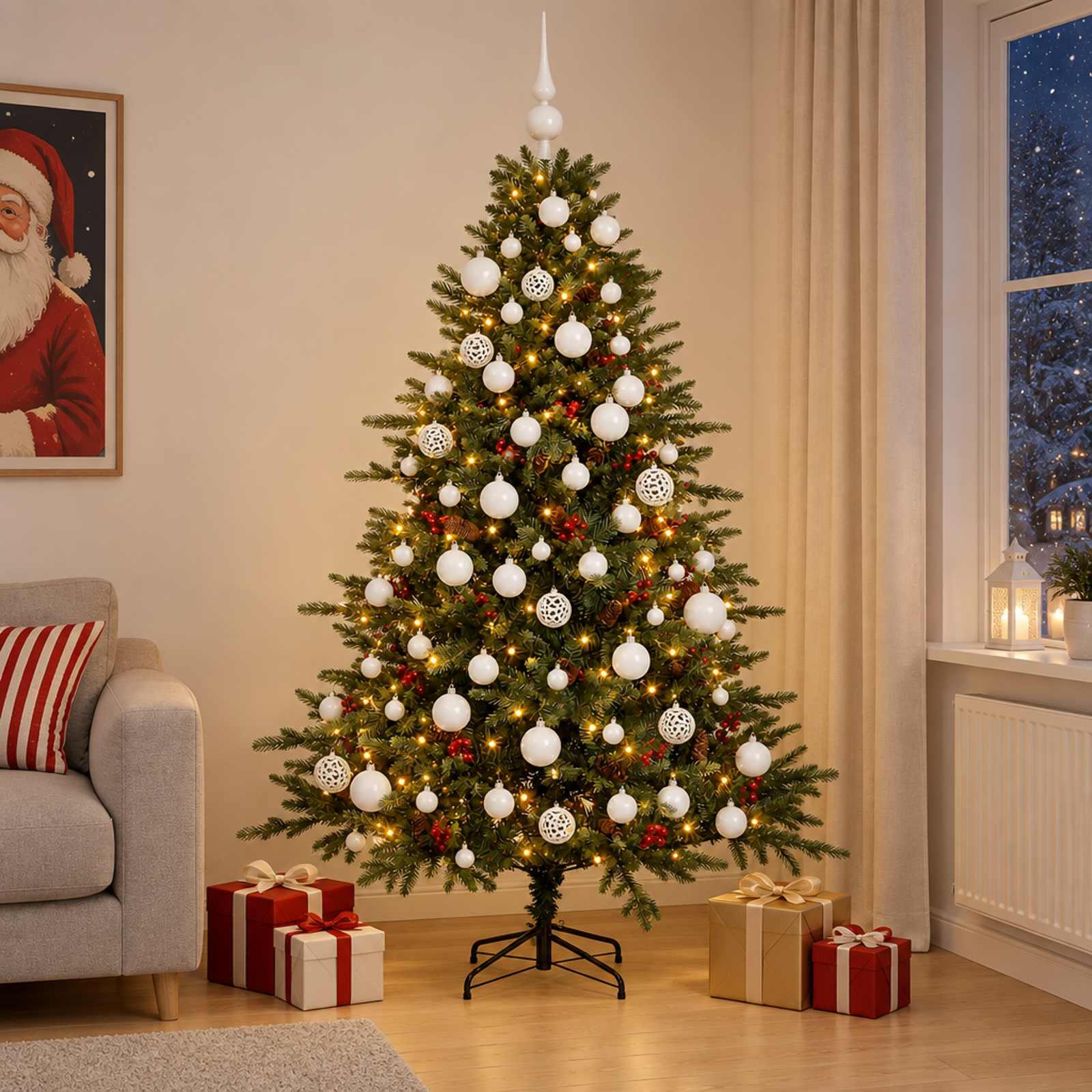 Kunstigt juletræ med julekugler og LED - 210 cm