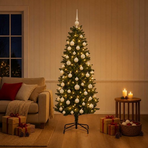 Kunstigt juletræ med julekugler og LED-lys - 150 cm, varm hvid